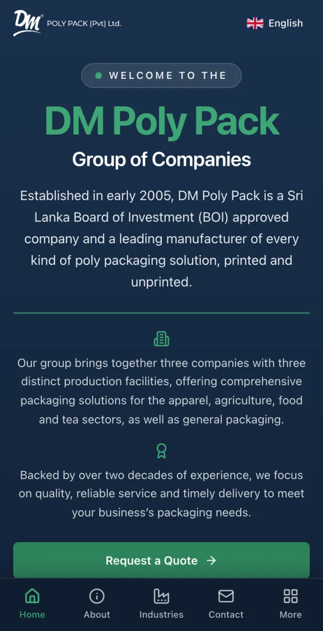 DM Poly Pack home page: the company name beside a photo of printed packaging rolls and pouches.